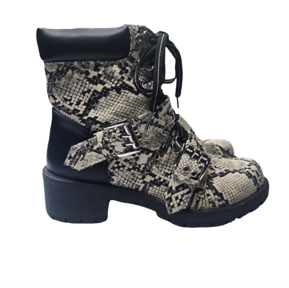 QUPID Combat Boots Snakeskin Print Size 9 (fits like 8)
